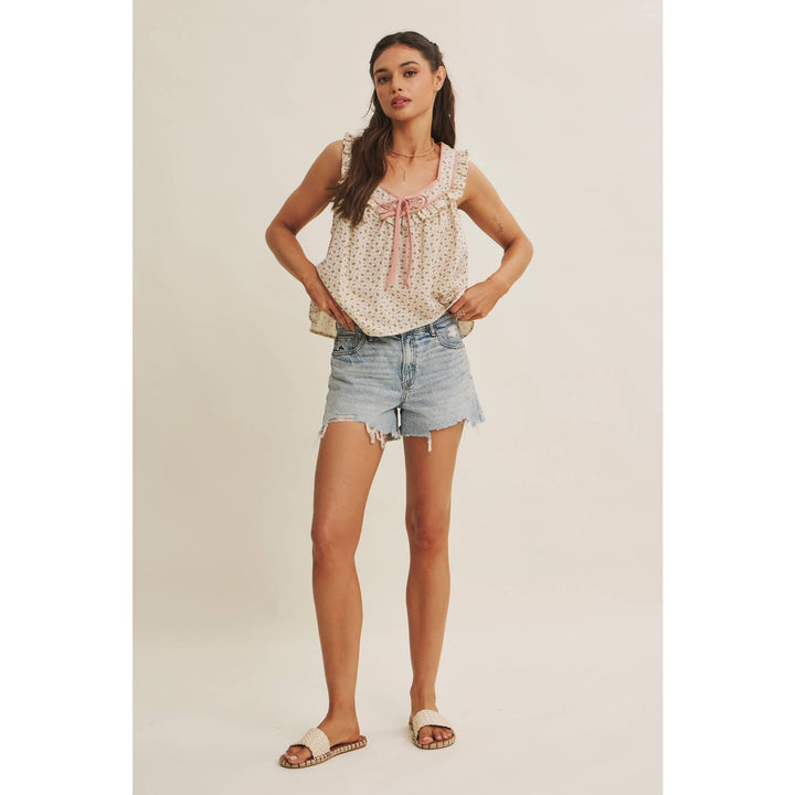 Women's Sleeveless - ANTIQUE MEADOW CONTRAST BINDING FLORAL RUFFLED BLOUSE TOP - - Cultured Cloths Apparel