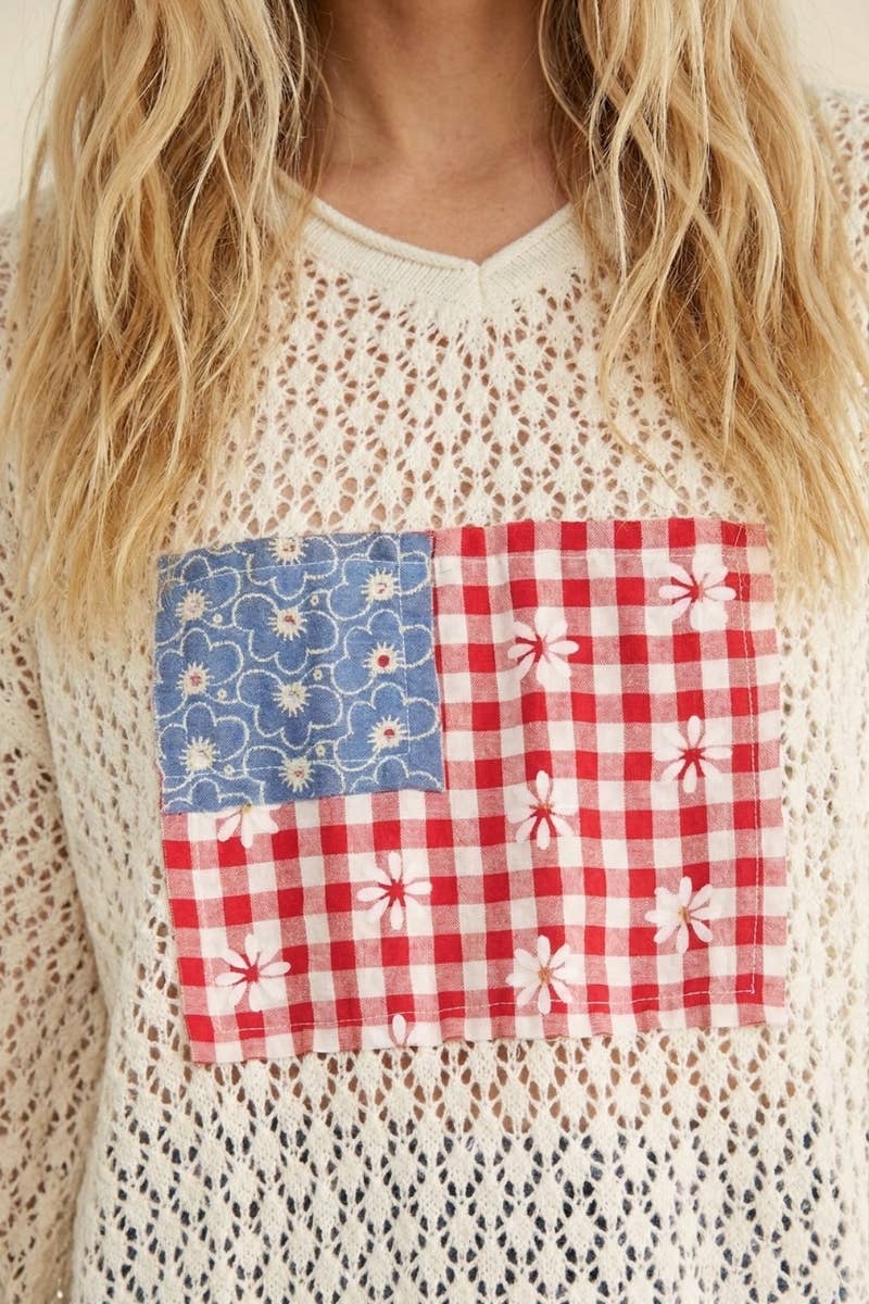 U.S.A Flag Patchwork Open Knit Top