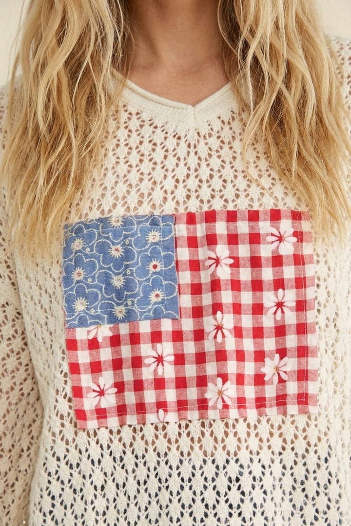 U.S.A Flag Patchwork Open Knit Top