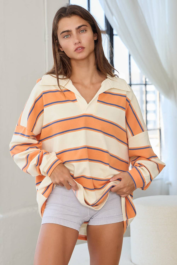 IT2417 Contrast Collared Neck Striped Polo Tunic Top