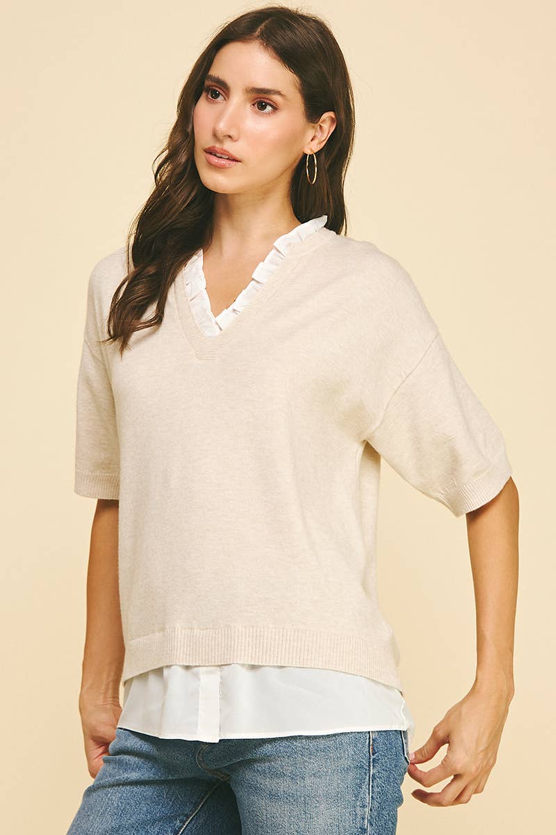 Women's Short Sleeve - MIXED MEDIA LAYERED KNIT TOP - - Cultured Cloths Apparel