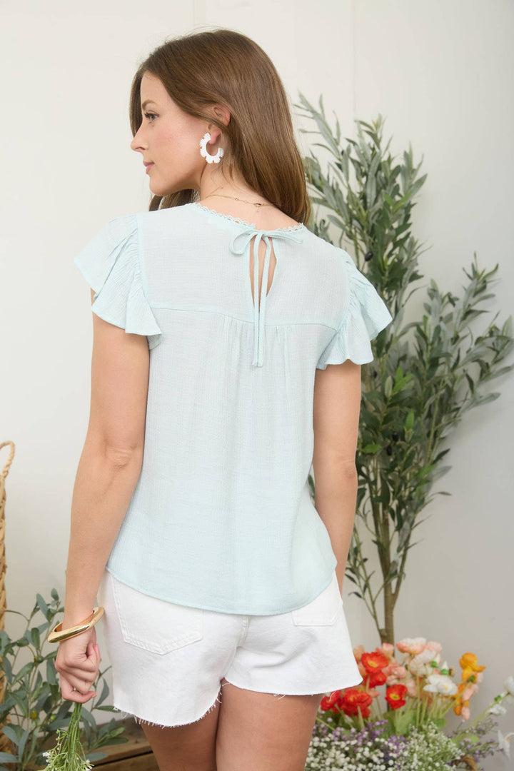 FLORAL YOKE EMBROIDERY RUFFLE SLEEVE TOP