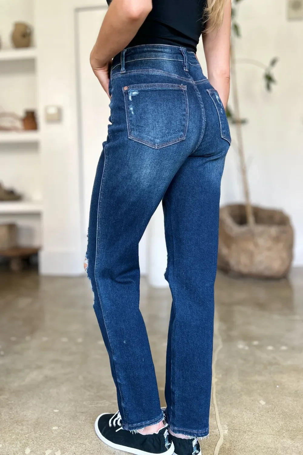 Denim - Judy Blue Full Size High Waist Rigid Magic Heavy Destroy Straight Jeans - - Cultured Cloths Apparel