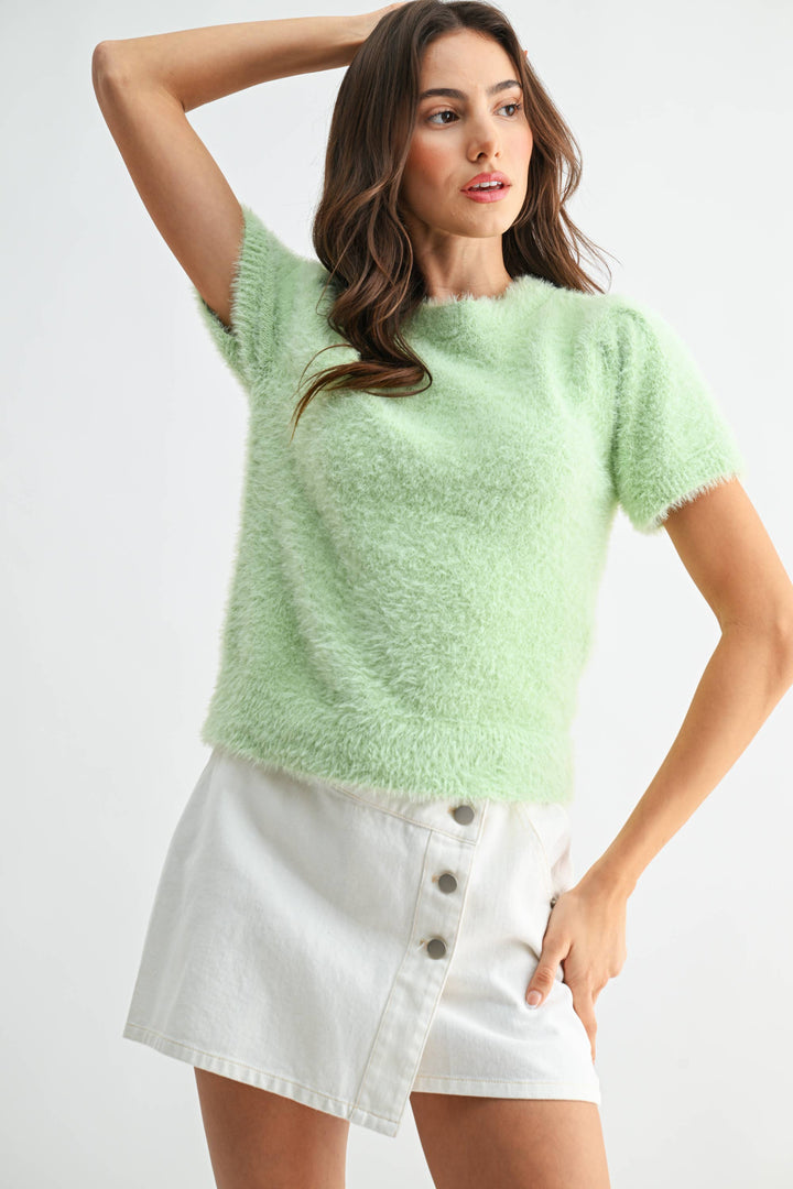 Women's Short Sleeve - Soft Pink Fuzzy Knit Short Sleeve Sweater Top - - Cultured Cloths Apparel