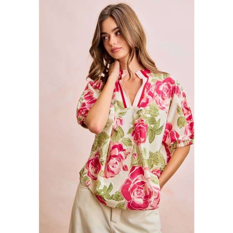 Women's Short Sleeve - Floral Contrast Banded Dolman Sleeves Blouse Top - - Cultured Cloths Apparel
