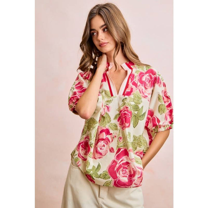 Women's Short Sleeve - Floral Contrast Banded Dolman Sleeves Blouse Top - - Cultured Cloths Apparel