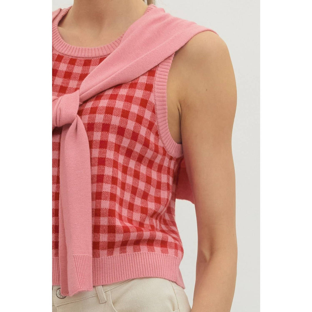 Women's Sleeveless - Gingham sleeveless sweater knit top - - Cultured Cloths Apparel