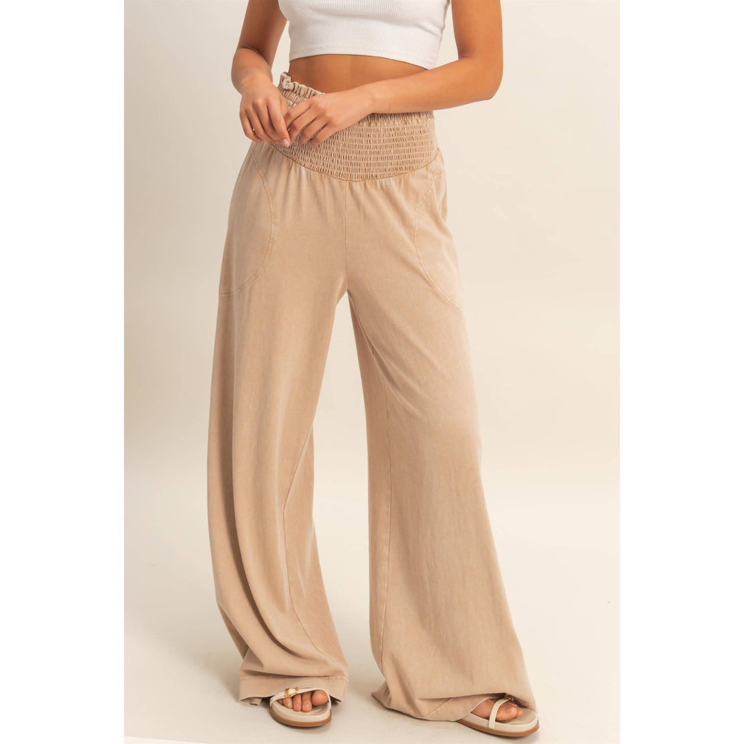 Mineral Washed Wide-Leg Smocked Waist Pants