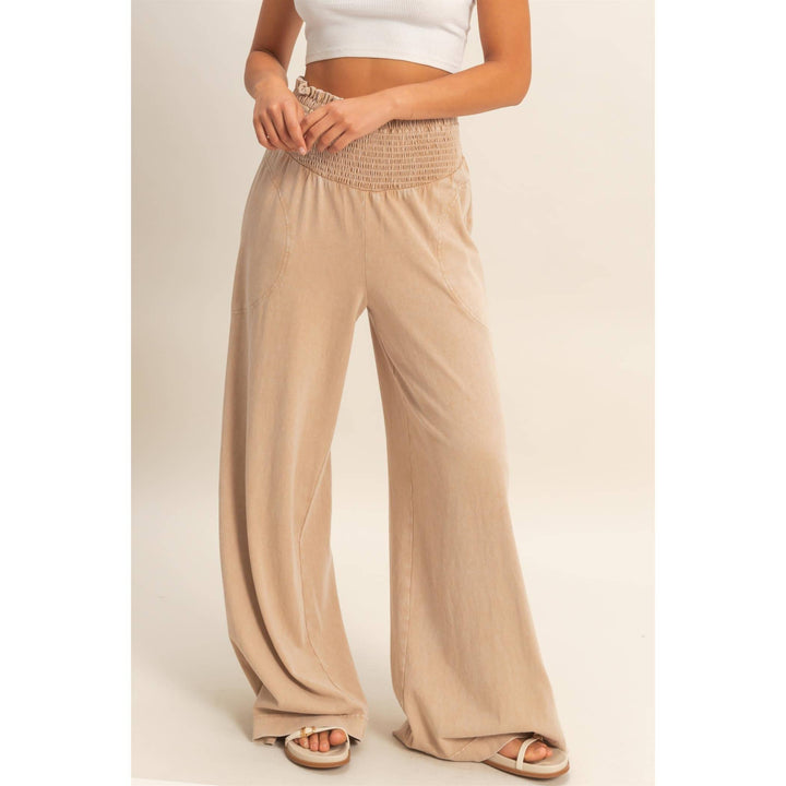 Mineral Washed Wide-Leg Smocked Waist Pants