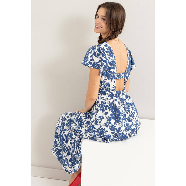 Women's Dresses - Floral Print Cutout Midi Dress - BLUE - Cultured Cloths Apparel