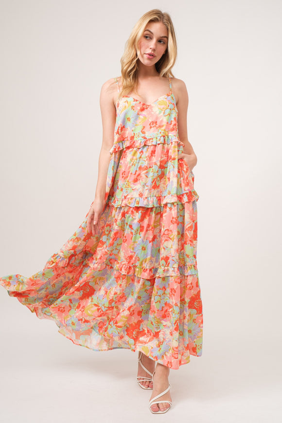 Women's Dresses - And The Why Floral Ruffled Tiered Maxi Adjustable Strap Cami Dress - Floral - Cultured Cloths Apparel