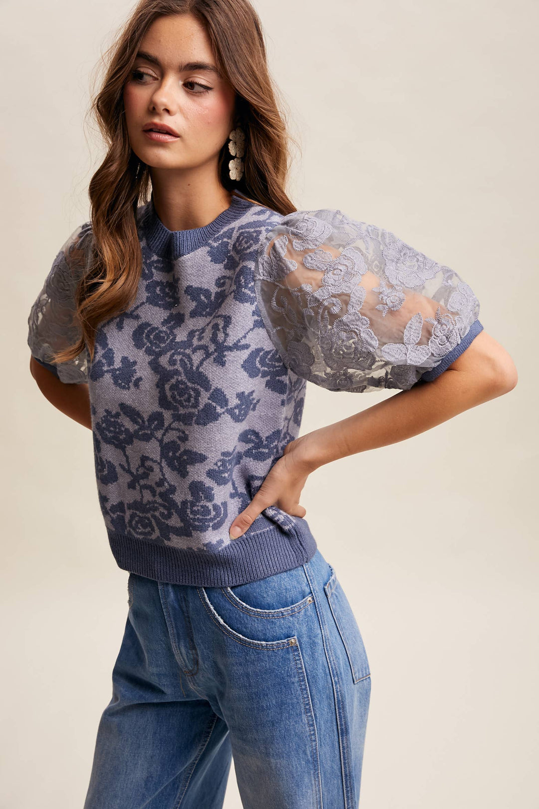 Women's Short Sleeve - Rose Embroidered Contrast Knit Top - - Cultured Cloths Apparel