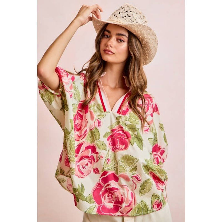 Women's Short Sleeve - Floral Contrast Banded Dolman Sleeves Blouse Top - - Cultured Cloths Apparel