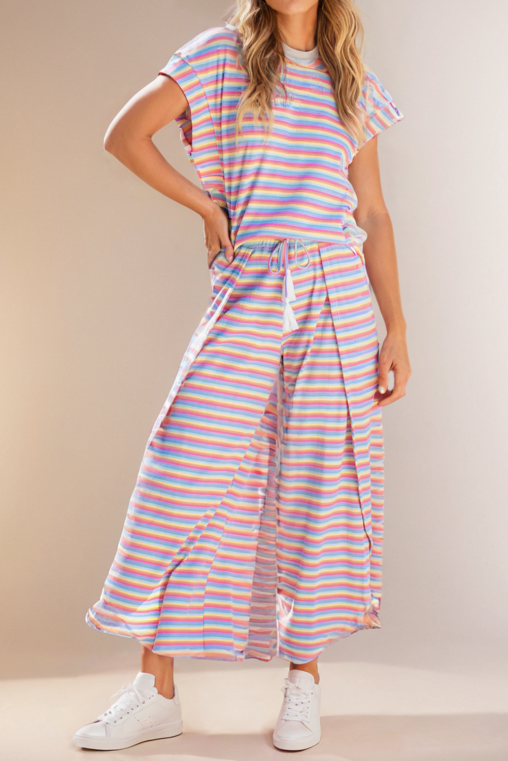 Athleisure - Rainbow Tee Tasseled String Wide Leg Pants Set - L - Cultured Cloths Apparel