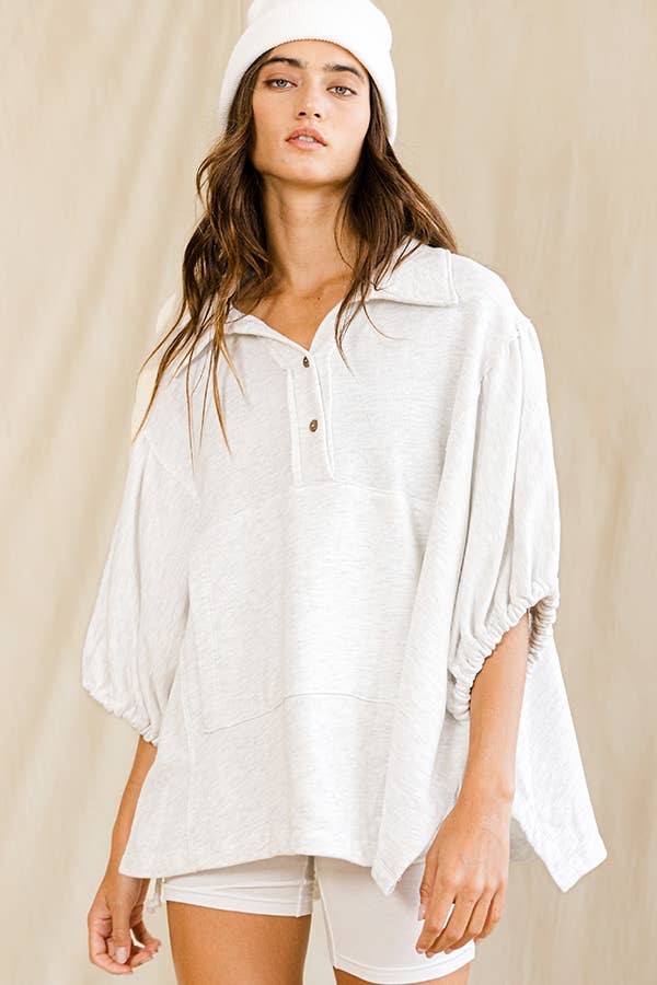 Women's Short Sleeve - Gray Oversized Drawstring Tie Sleeves Detail Solid Top - - Cultured Cloths Apparel