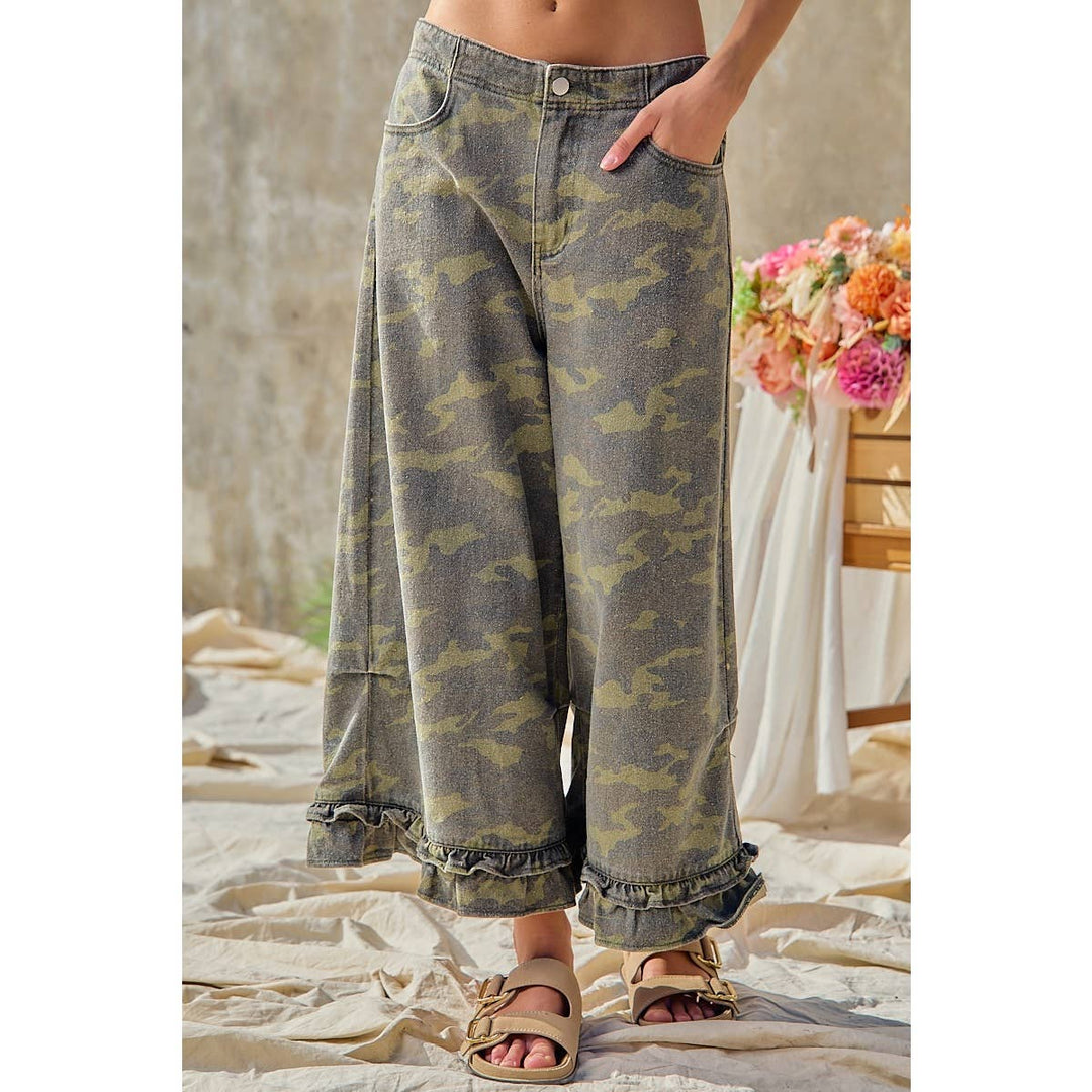 Pants - CAMOUFLAGE DENIM RUFFLED HEM MID RISE PANTS - - Cultured Cloths Apparel