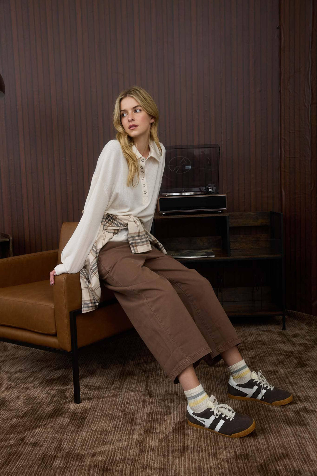 COLLARED HALF SNAP BUTTON LONG SLEEVE KNIT TOP