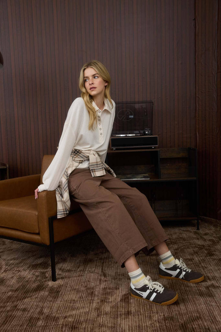 COLLARED HALF SNAP BUTTON LONG SLEEVE KNIT TOP