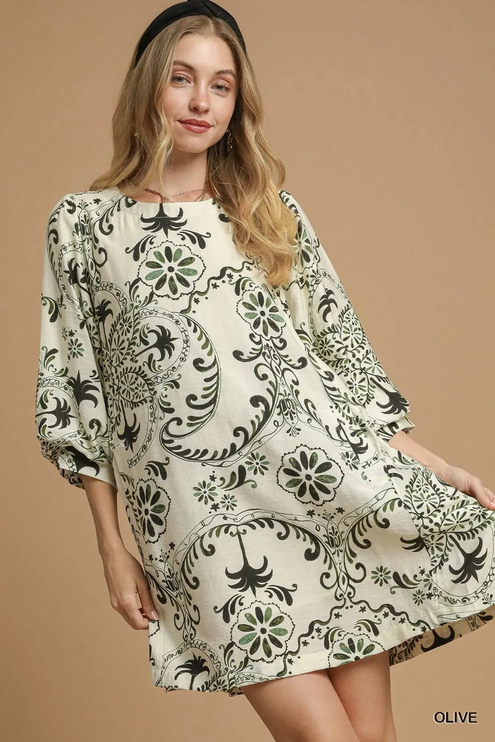 Women's Dresses - Umgee Boho Printed Balloon Sleeve Mini Dress - Olive - Cultured Cloths Apparel
