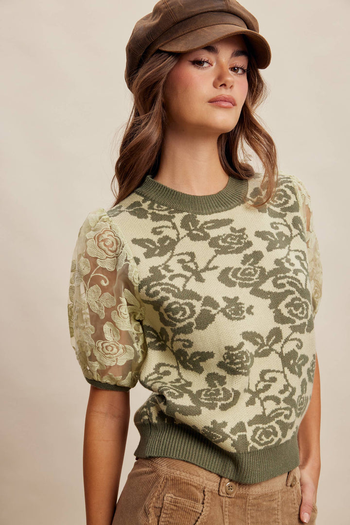 Women's Short Sleeve - Rose Embroidered Contrast Knit Top - - Cultured Cloths Apparel