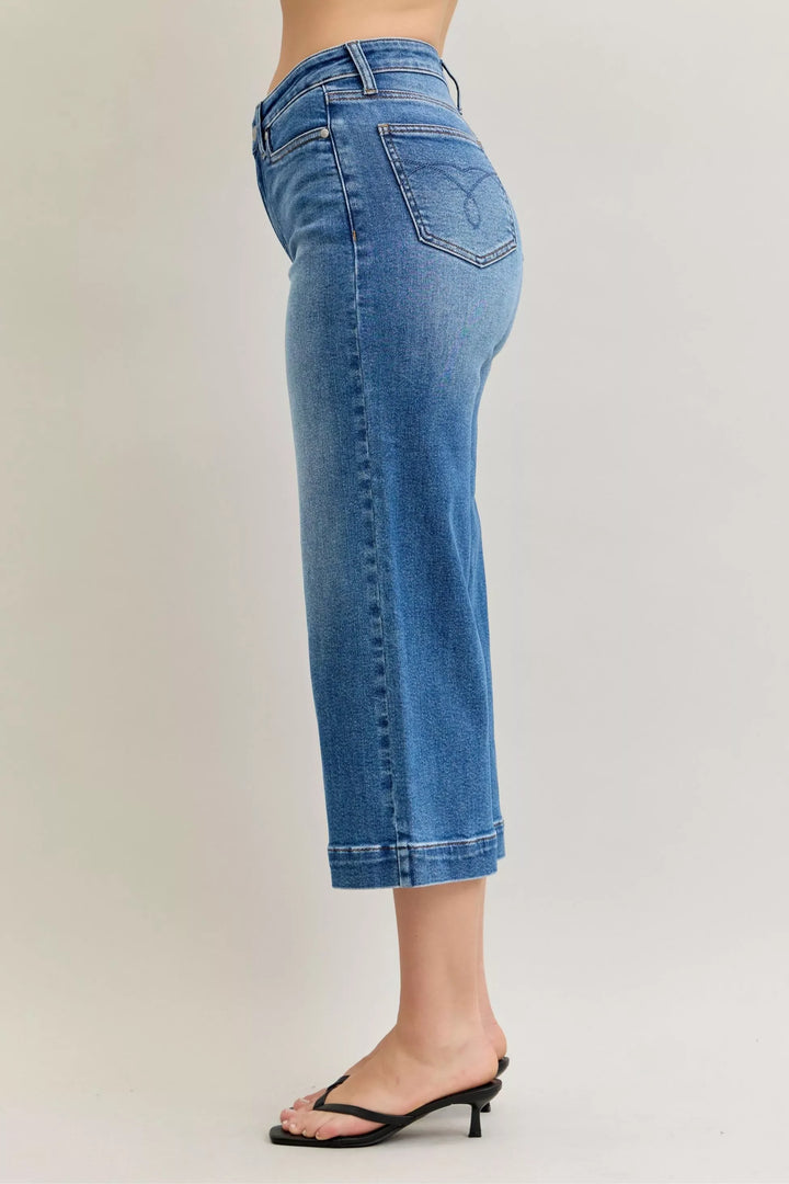 Denim - Judy Blue Mid Rise Crop Wide Leg Jeans - - Cultured Cloths Apparel