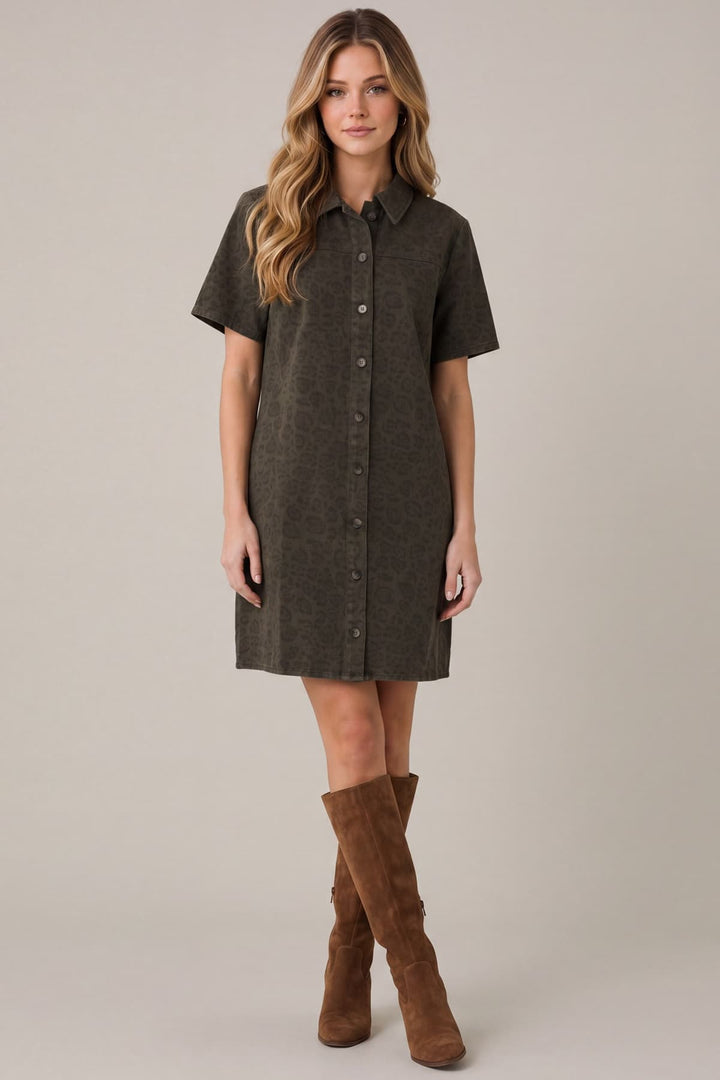 Animal Print Collared Button Down Dress