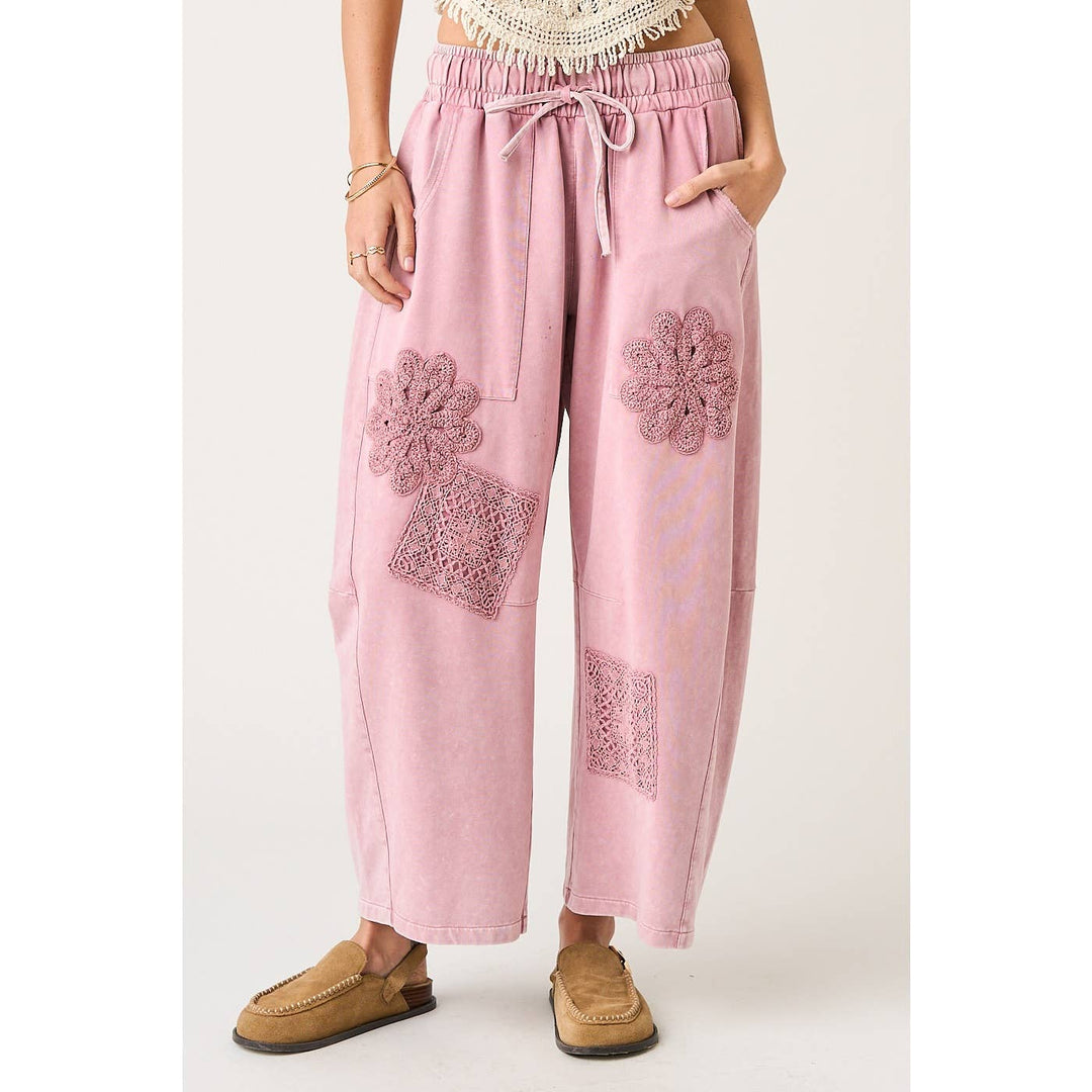 MINERAL WASH CROCHET PATCH BARREL LEG PANTS