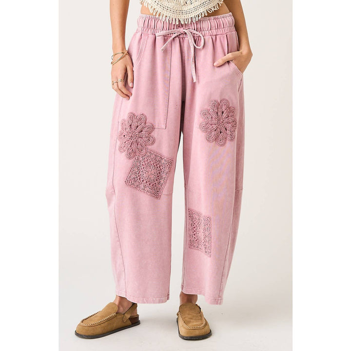 MINERAL WASH CROCHET PATCH BARREL LEG PANTS