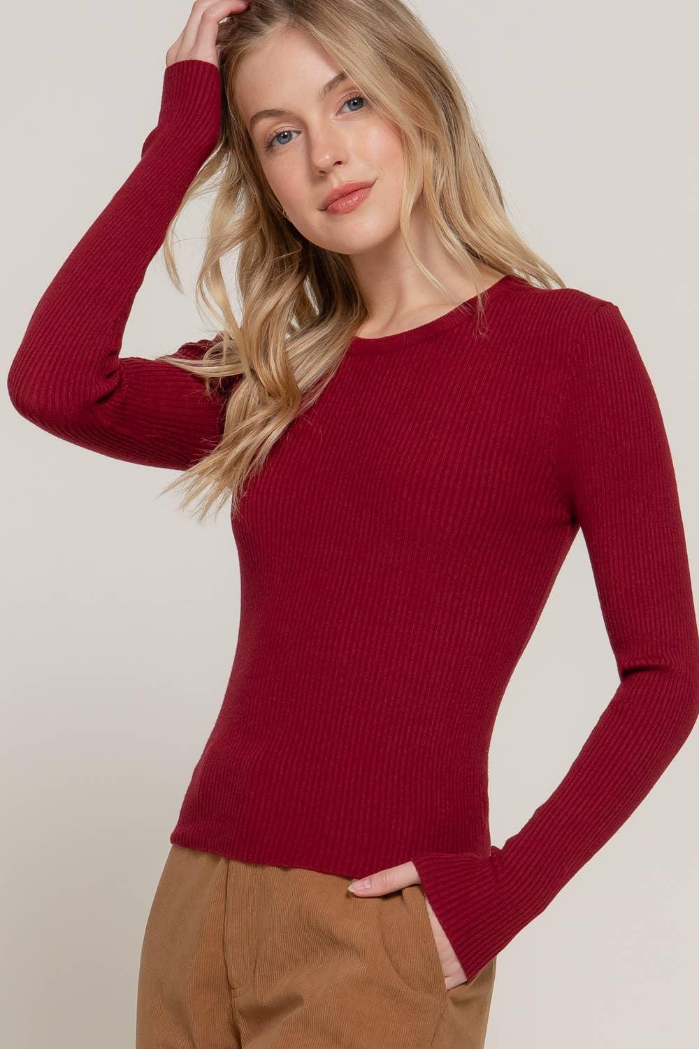 Long Sleeve Crew Neck Viscose Rib Sweater