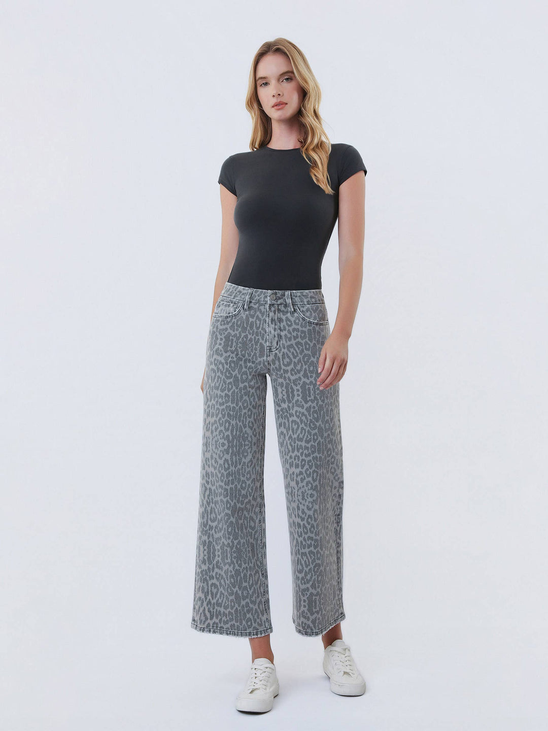 Denim - HIGH RISE GREY LEOPARD PRINT CROP WIDE LEG JEANS T7331GLP - - Cultured Cloths Apparel