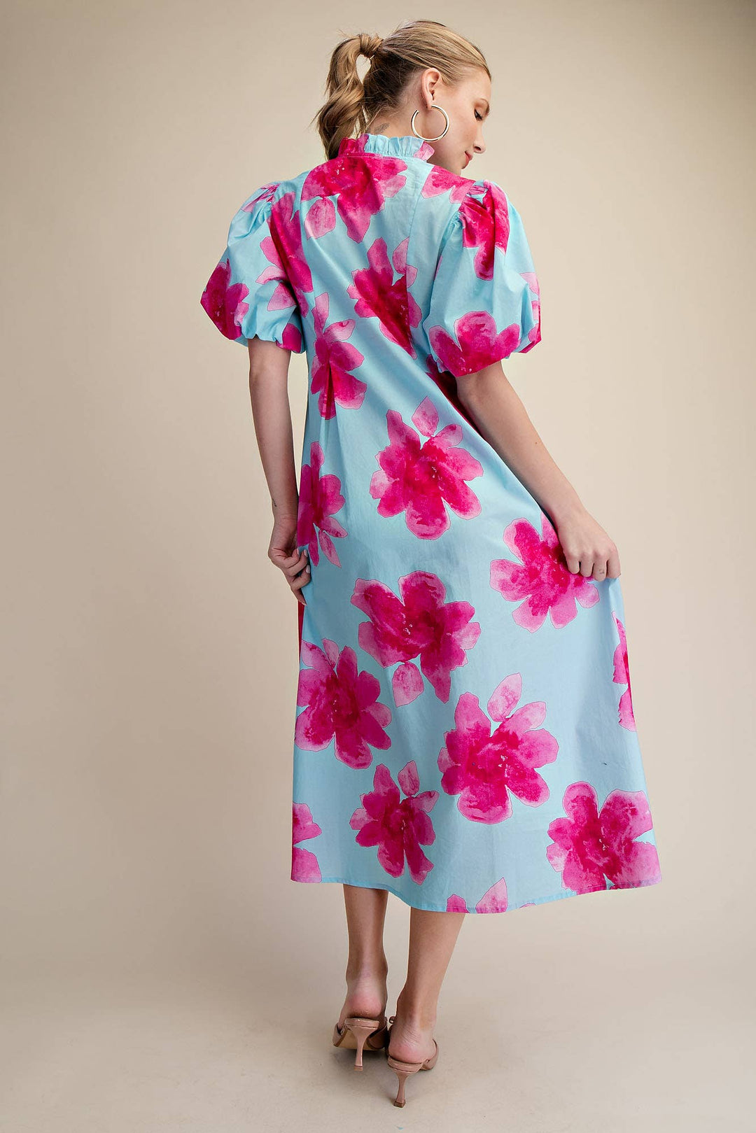 Lime Ruffle V-Neck Puff Sleeve Waist Pleated Midi Dress