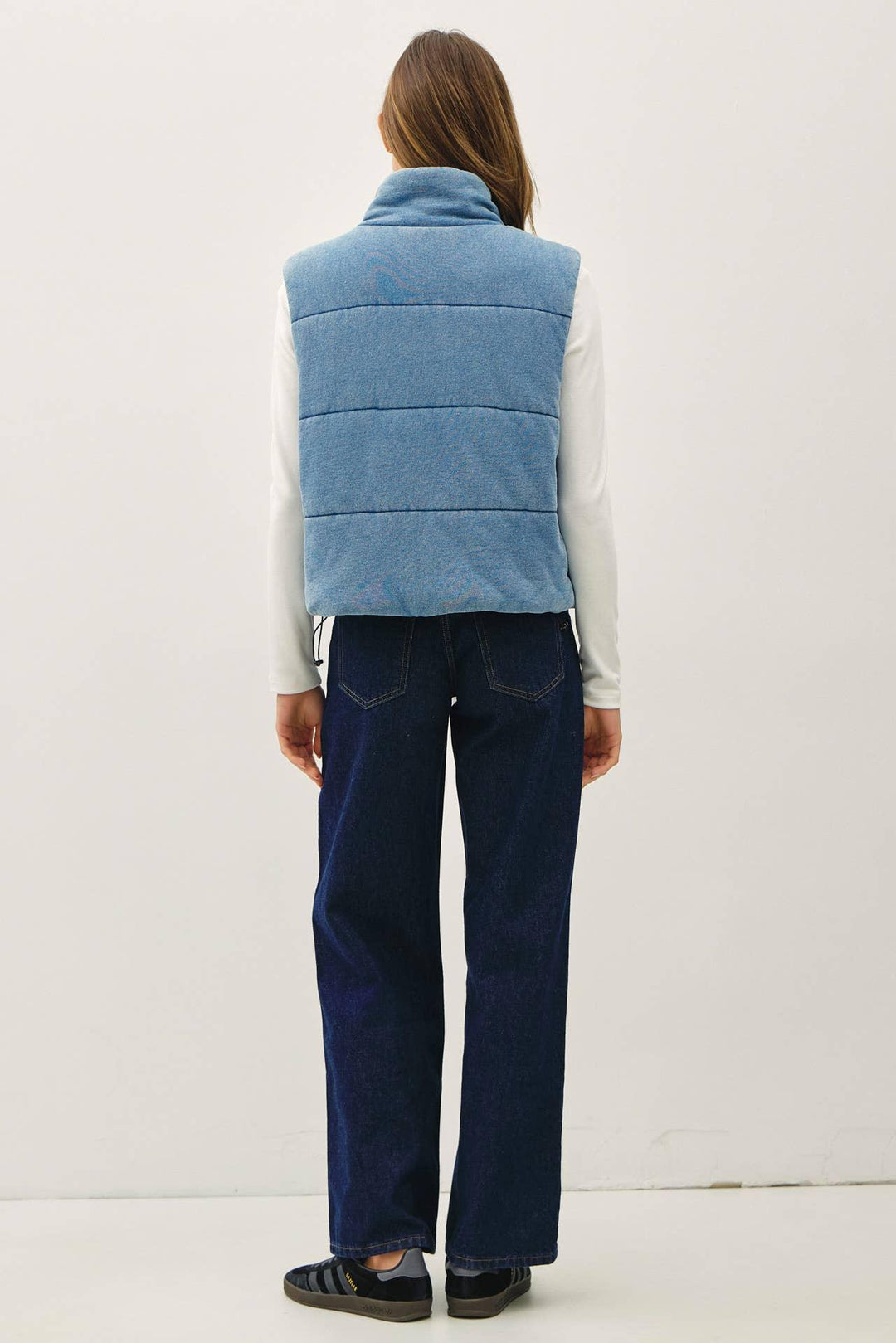 DENIM FEEL VINTAGE WASHING ZIP UP PUFFER VEST
