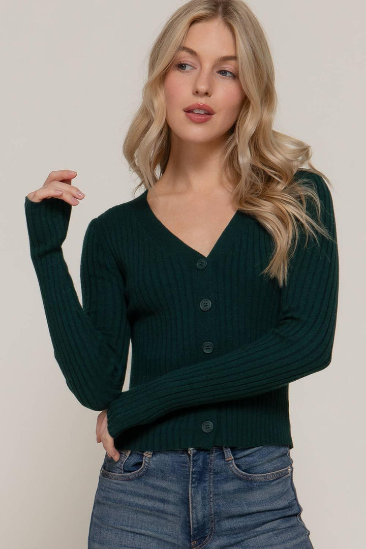 Women's Sweaters - Long Sleeve V-neck Fitted Sweater Cardigan - - Cultured Cloths Apparel