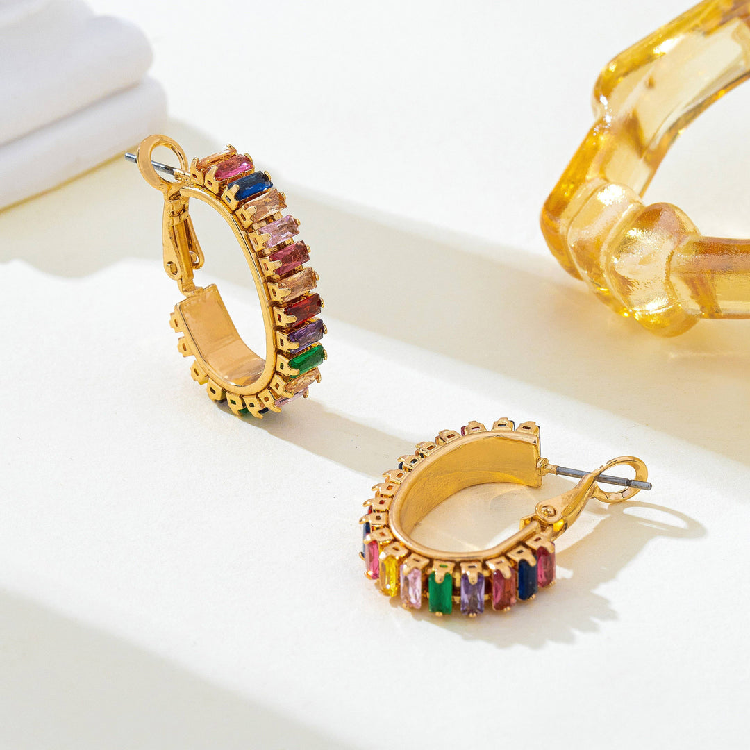 Accessories, Earrings - Multicolor Baguette Crystal Hoop Earrings | 80E62401 - - Cultured Cloths Apparel
