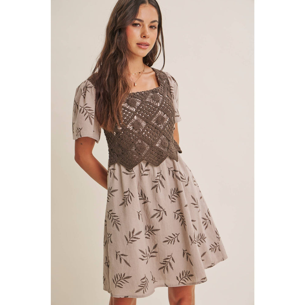Women's Dresses - ARTISAN CROCHET FERN PRINT SMOCKED BABYDOLL MINI DRESS - - Cultured Cloths Apparel