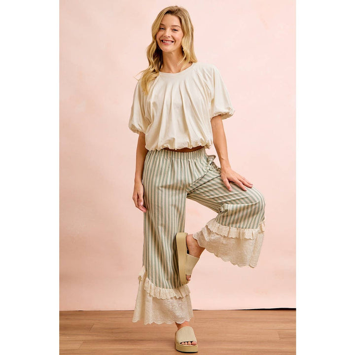 Pants - STRIPE WOVEN RUFFLED LACE HEM PANTS WITH SIDE POCKET - - Cultured Cloths Apparel