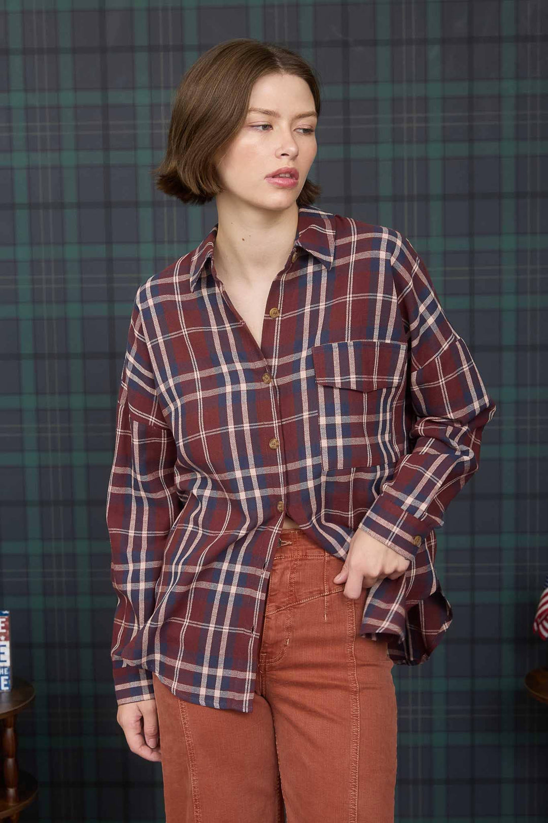 Women's Long Sleeve - PLAID BUTTON DOWN POCKET DETAIL LONG SLEEVE SHIRT - - Cultured Cloths Apparel