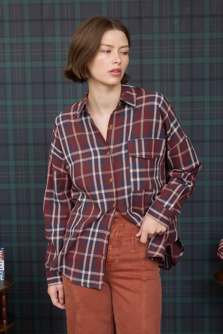 Women's Long Sleeve - PLAID BUTTON DOWN POCKET DETAIL LONG SLEEVE SHIRT - - Cultured Cloths Apparel