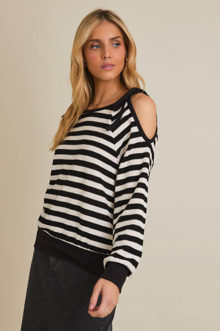 Women's Long Sleeve - ROUND NECK SHOULDER CUT-OUT TIE LONG SLEEVE STRIPE TOP - - Cultured Cloths Apparel