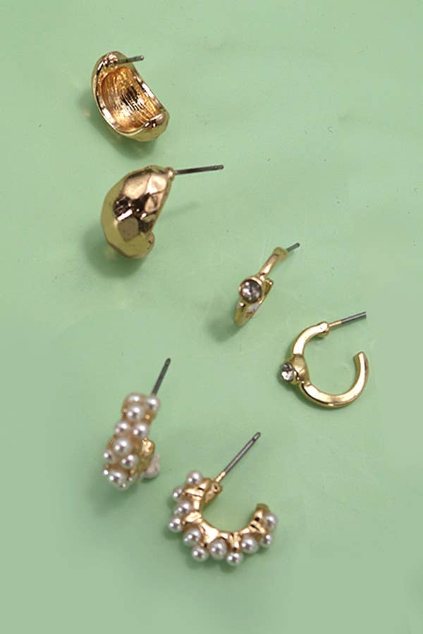 Accessories, Earrings - TRIO PEARL DIAMOND CUT HUGGIE HOOP EARRINGS | 80E3935 - - Cultured Cloths Apparel