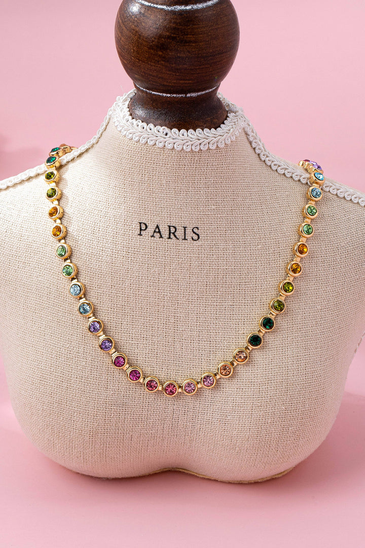 Rainbow Bezel-Set Gemstone Tennis Necklace