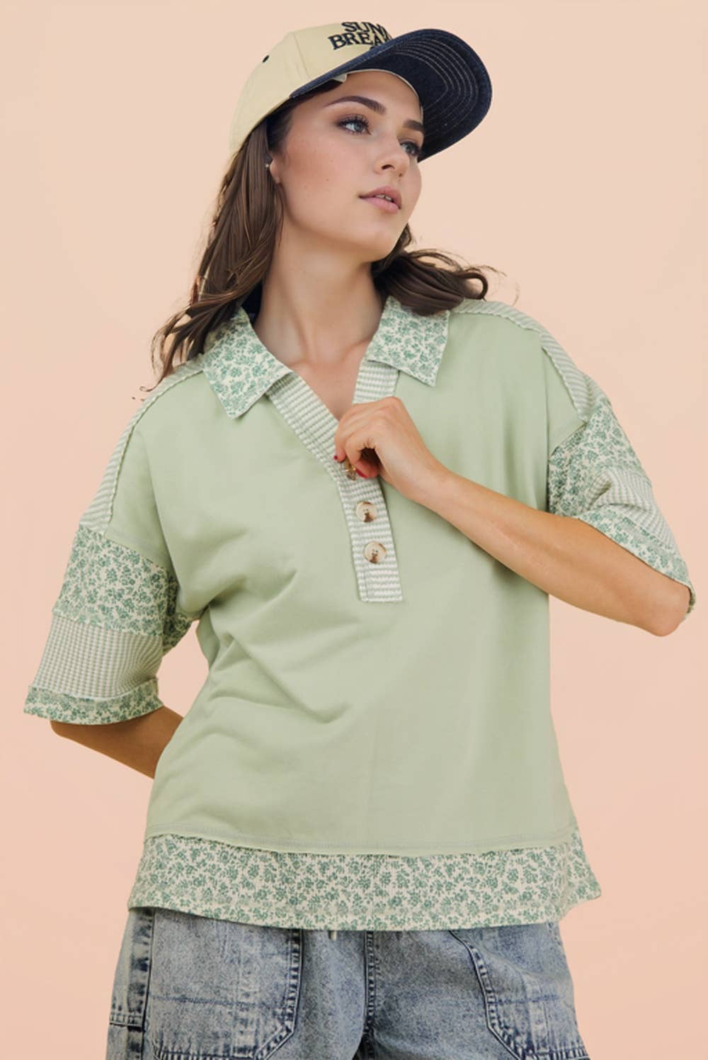 Women's Short Sleeve - Oversized Half Button Down Collared Knit Top - - Cultured Cloths Apparel
