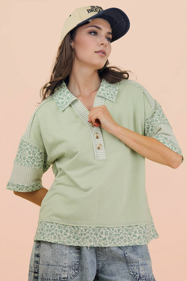 Women's Short Sleeve - Oversized Half Button Down Collared Knit Top - - Cultured Cloths Apparel