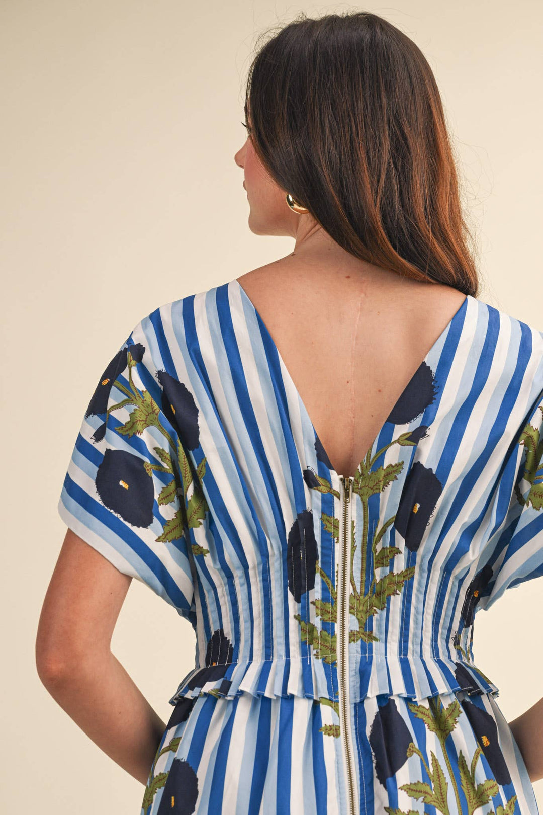 Dresses - STRIPED FLORAL PIN TUCK WAIST MIDI DRESS - - Cultured Cloths Apparel