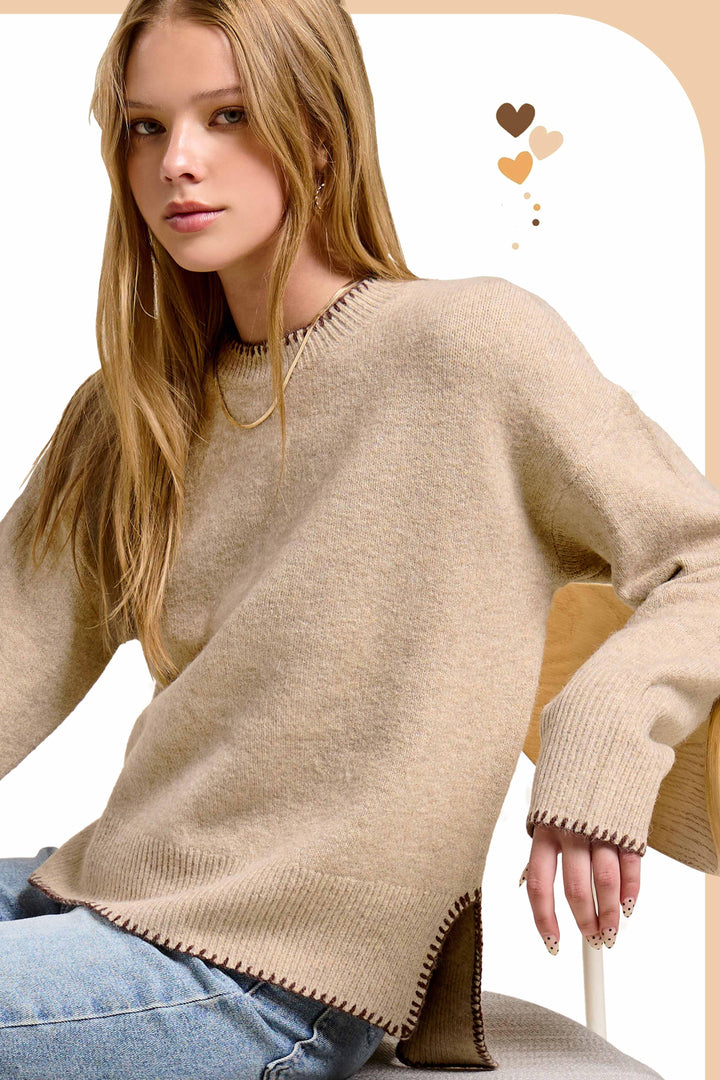 Hi-Low Crew Neck Sweater W/ Contrast Blanket Stitch
