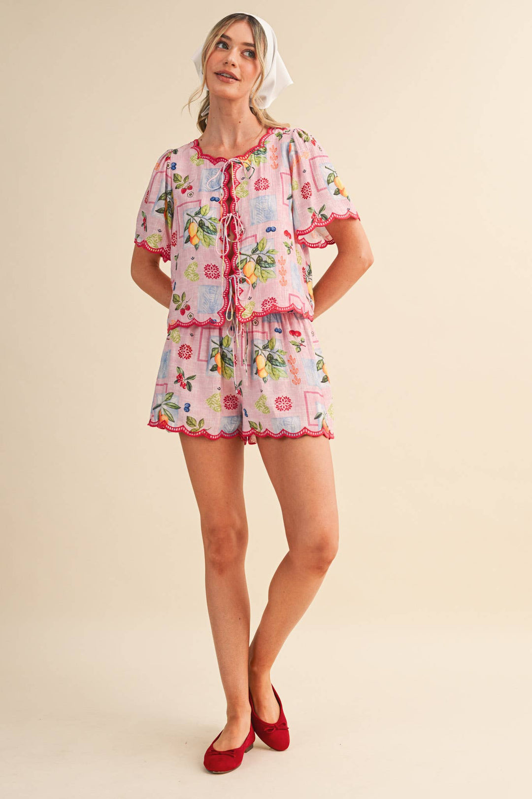 Romper - FRUIT PRINT EMBROIDERED SCALLOP TOP AND SHORTS SET - - Cultured Cloths Apparel
