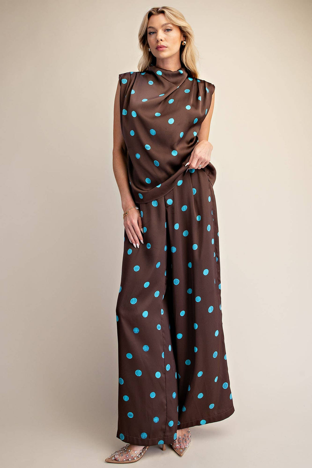 Cowl Mock Neck Pleats Shoulder Sleeveless Top Polka Dot