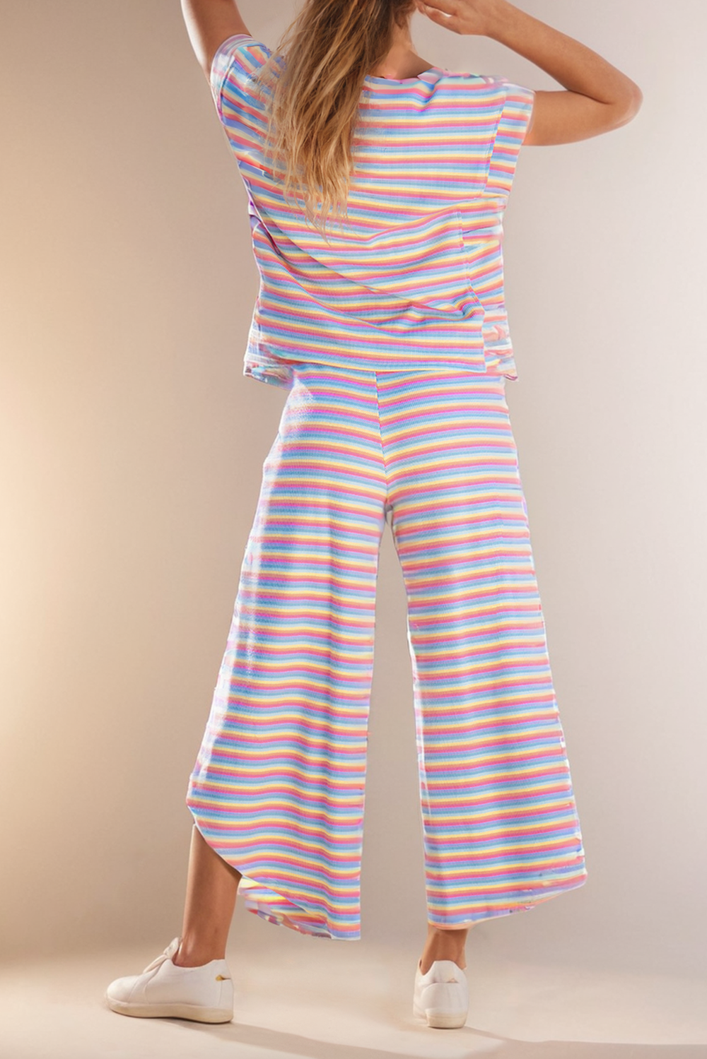 Athleisure - Rainbow Tee Tasseled String Wide Leg Pants Set - - Cultured Cloths Apparel
