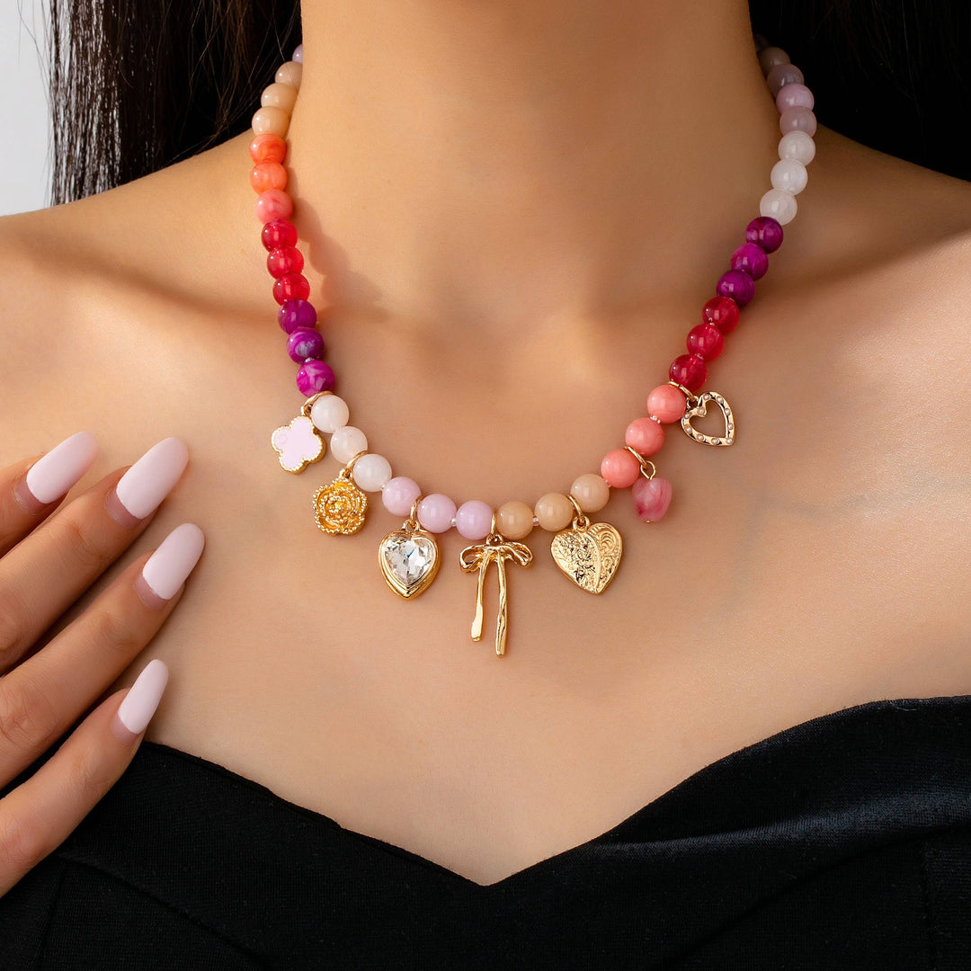 Accessories, Necklaces - Pastel Beaded Bow Heart Flower Charm Necklace | 80N92704 - - Cultured Cloths Apparel