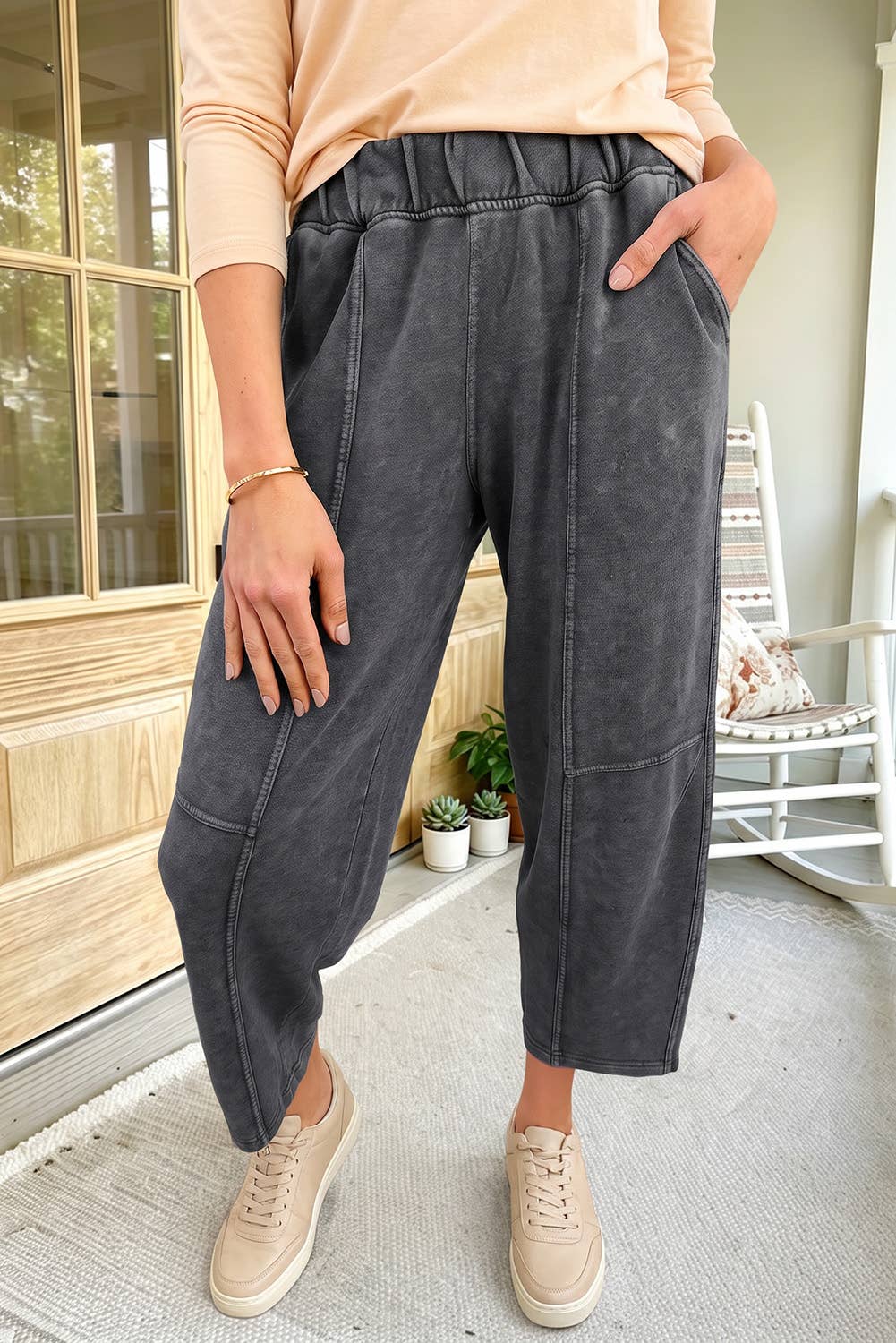 Plus Sizes - Mineral Wash Seam Detail Elastic Waist Pants - M - Cultured Cloths Apparel